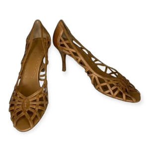 Maripe Rio Peep Toe Leather Shoes Tan Cutout Crossover Heels Retro Summer 11